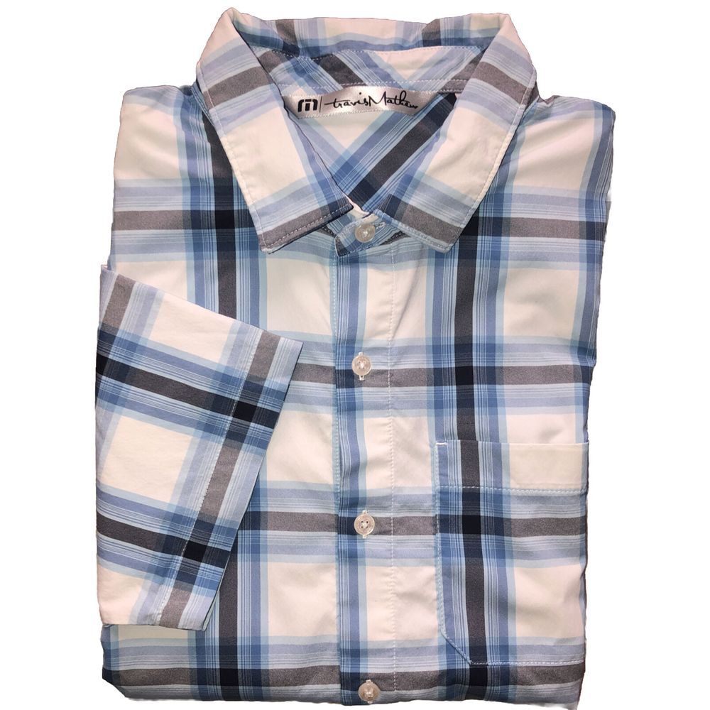 Travis Mathew Shirt Men's M Blue Gray Check Button Up Short Sleeve Stretch